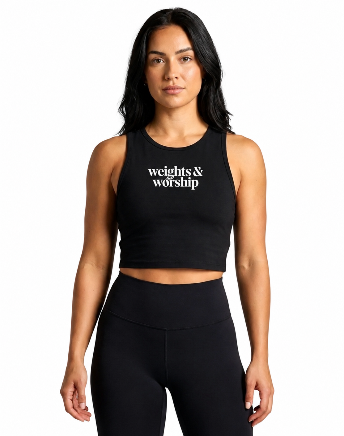 Weights & Worship™ Women's Performance Crop Tank – Black (Pre-Sale)