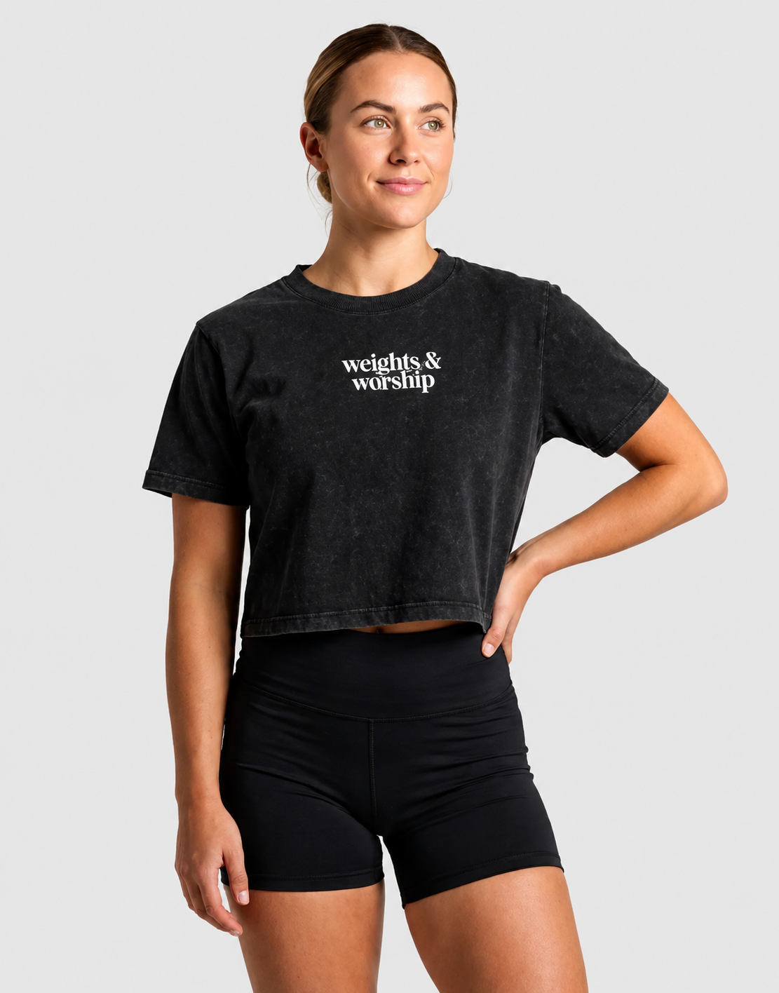 Weights & Worship™ Women's Vintage Crop Tee – Washed Grey (Pre-Sale)